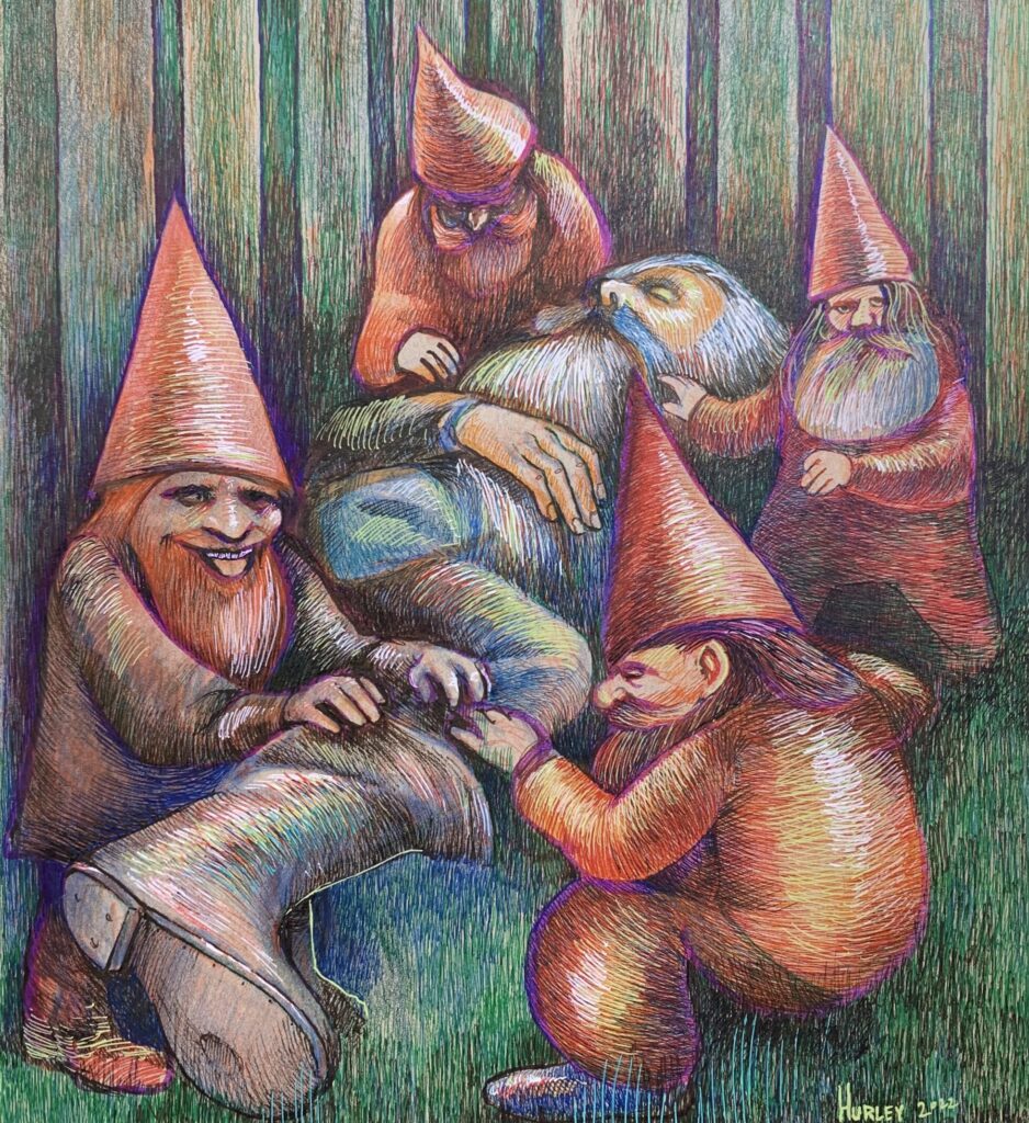 Four mischievous redcaps and a sleeping traveler | Welcome image for gaelQuest | Roleplaying Adventures in Irish