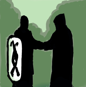 Two figures greeting each other.